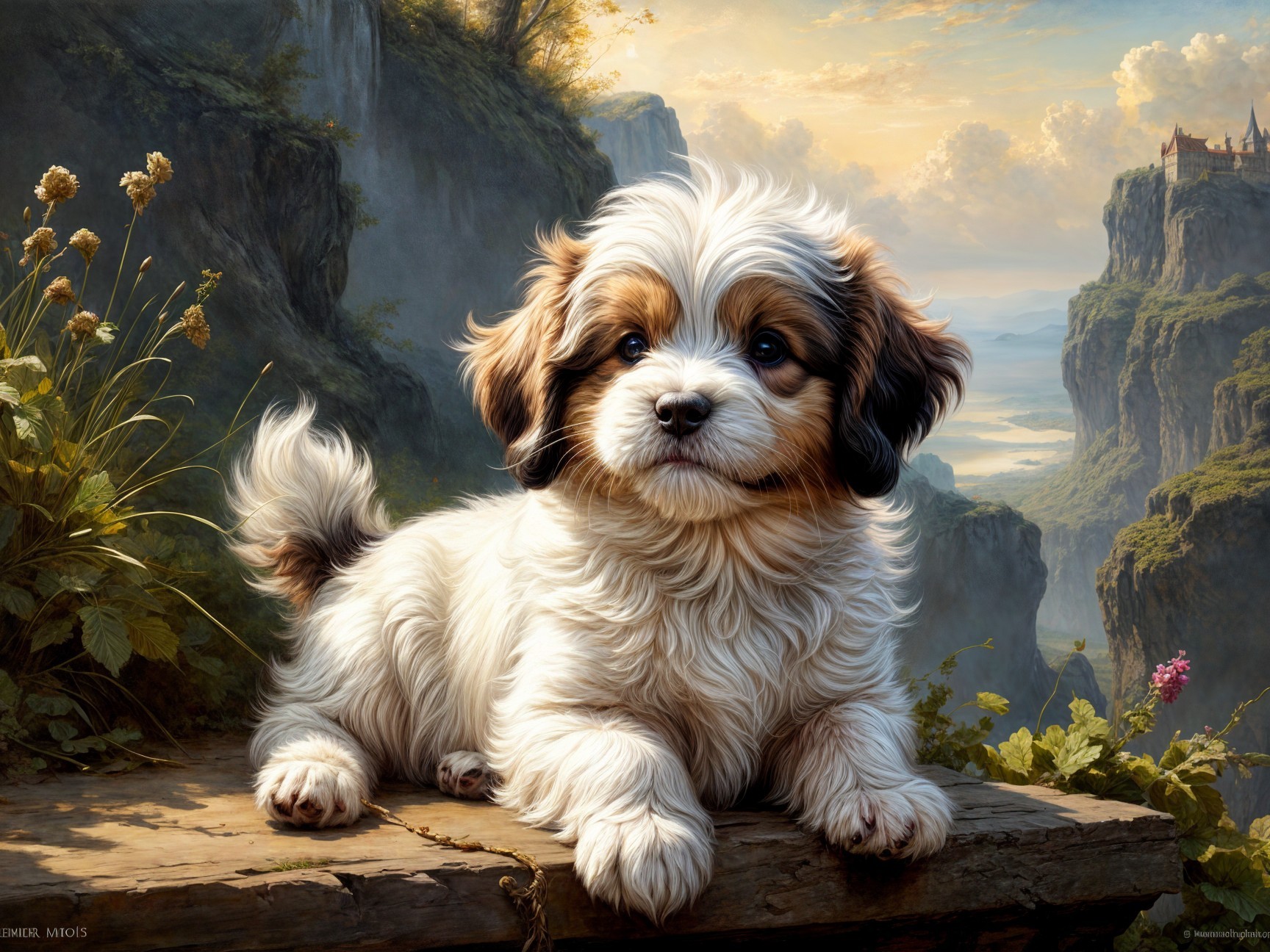Fluffy Puppy on Mossy Log in Scenic Landscape