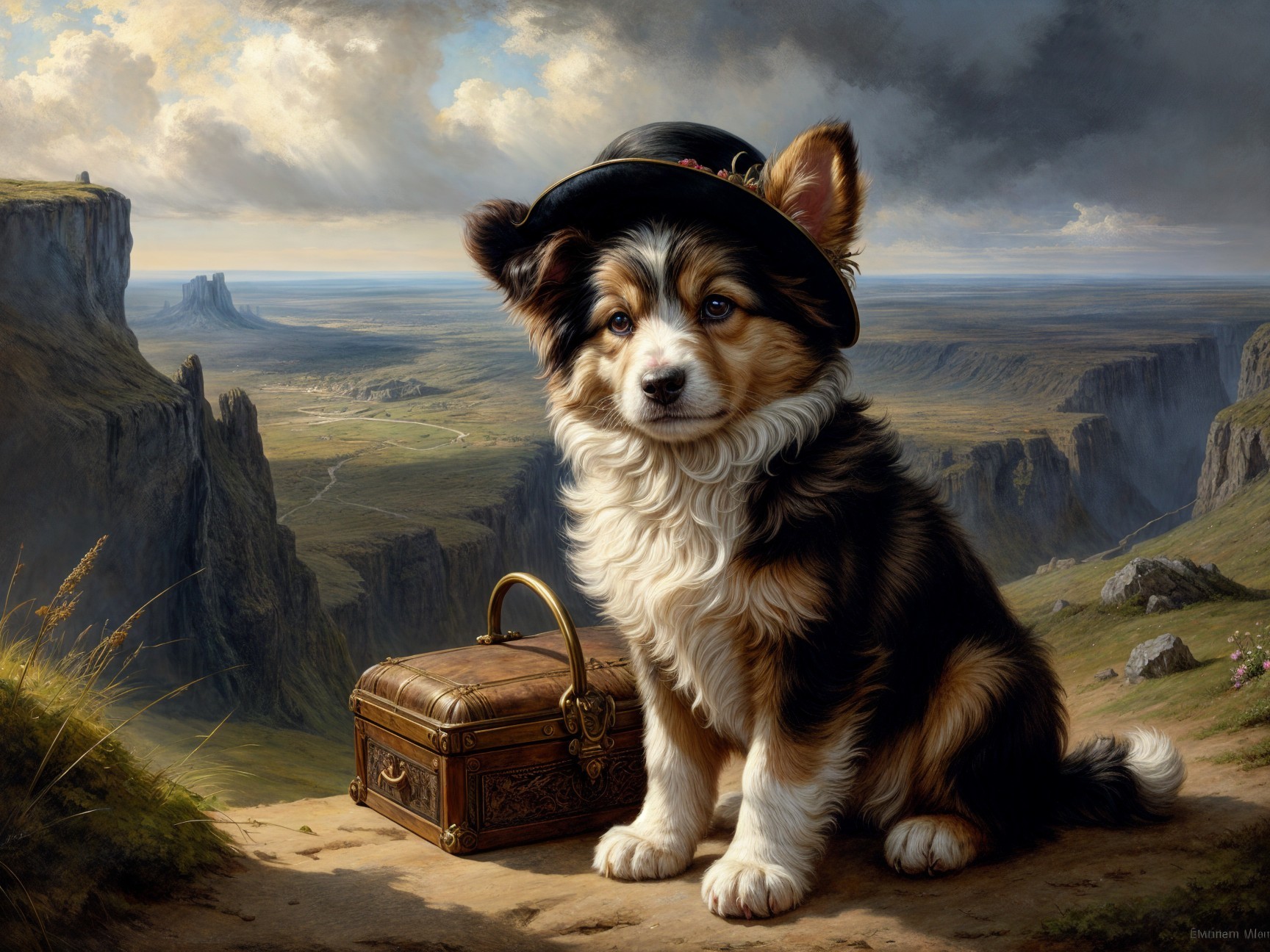 Puppy with Hat on Rugged Landscape and Treasure Chest
