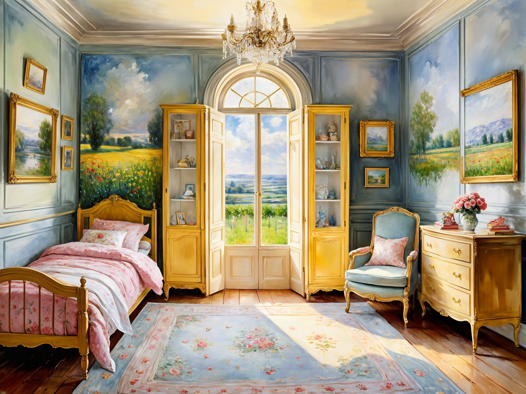 Serene Pastel Bedroom with Floral Quilt and Sunlight
