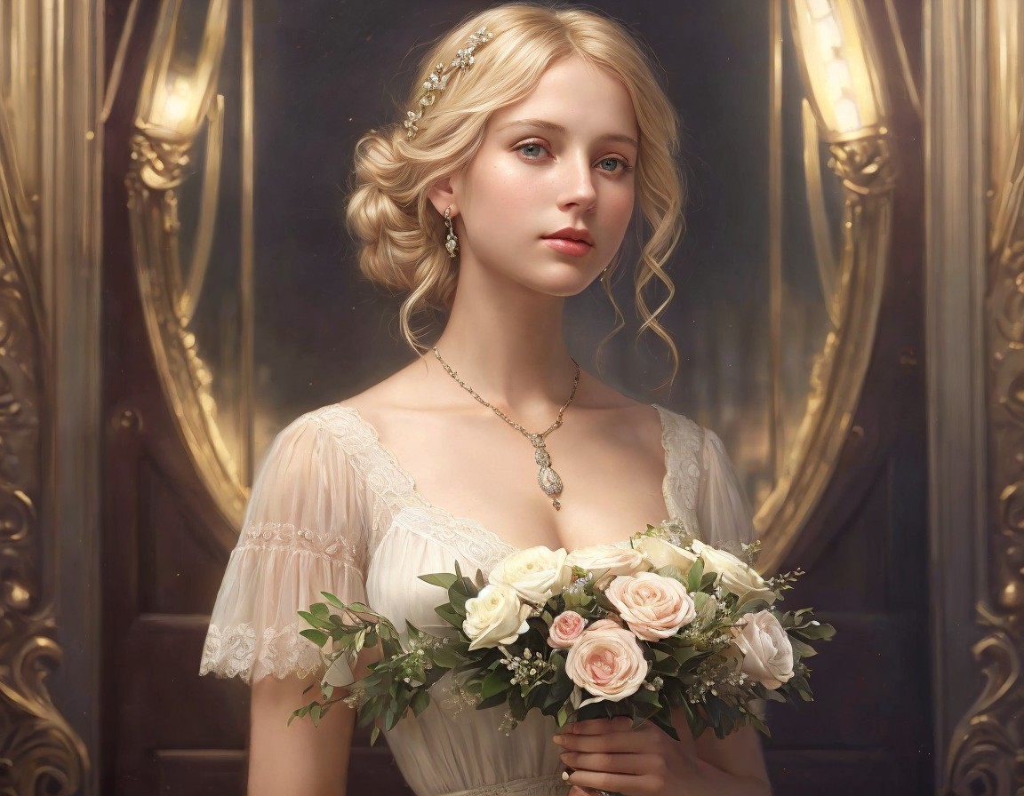 Young Woman in Vintage Gown with Roses and Mirrors