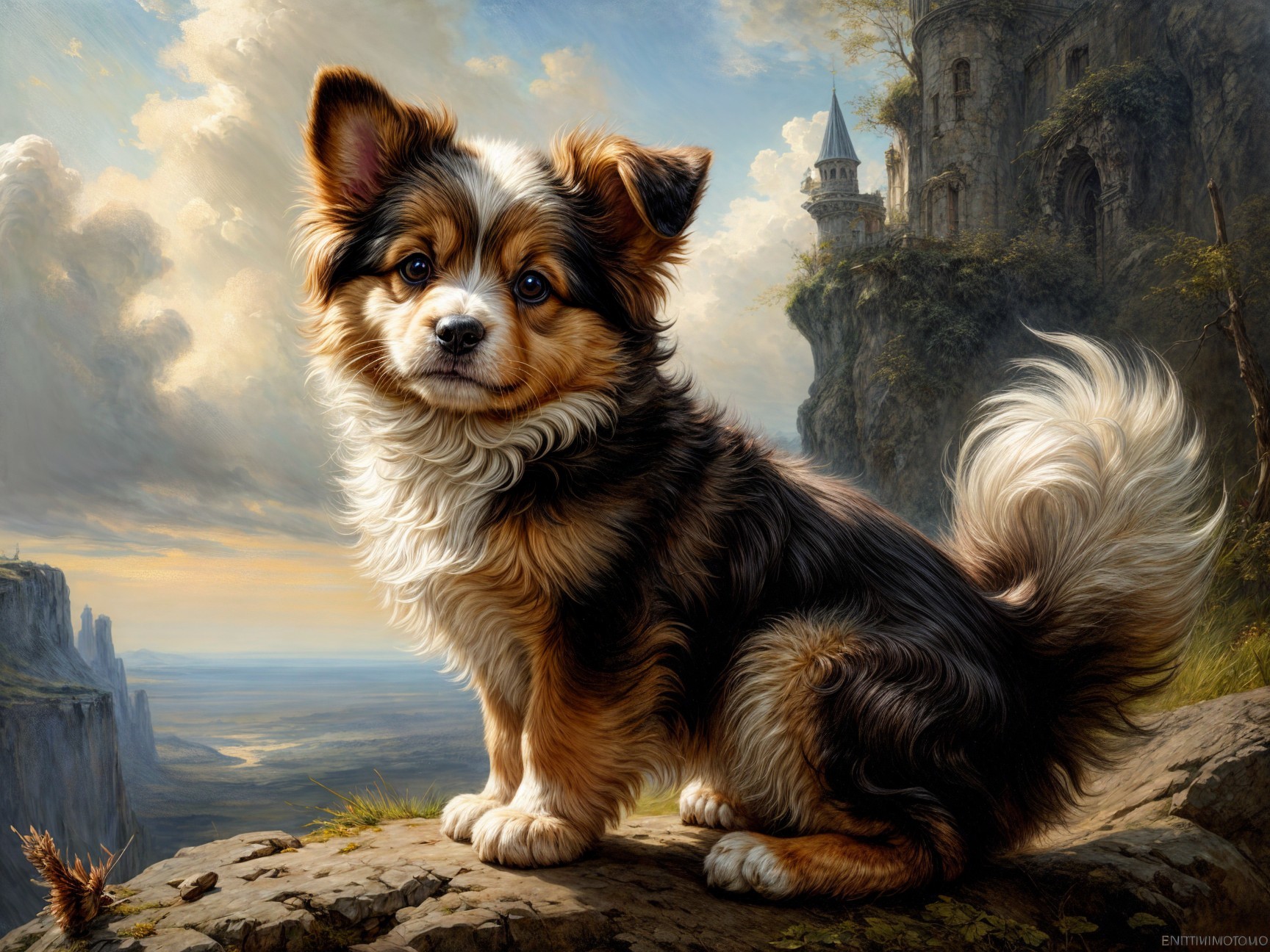 Fluffy dog on rocky ledge with mystical landscape backdrop