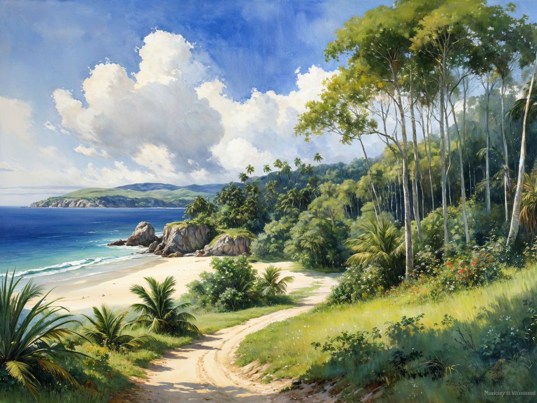 Tranquil Beach Scene with Waves and Lush Greenery