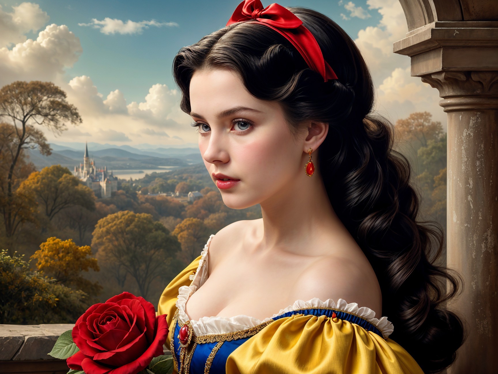 Young woman in yellow dress with serene landscape backdrop