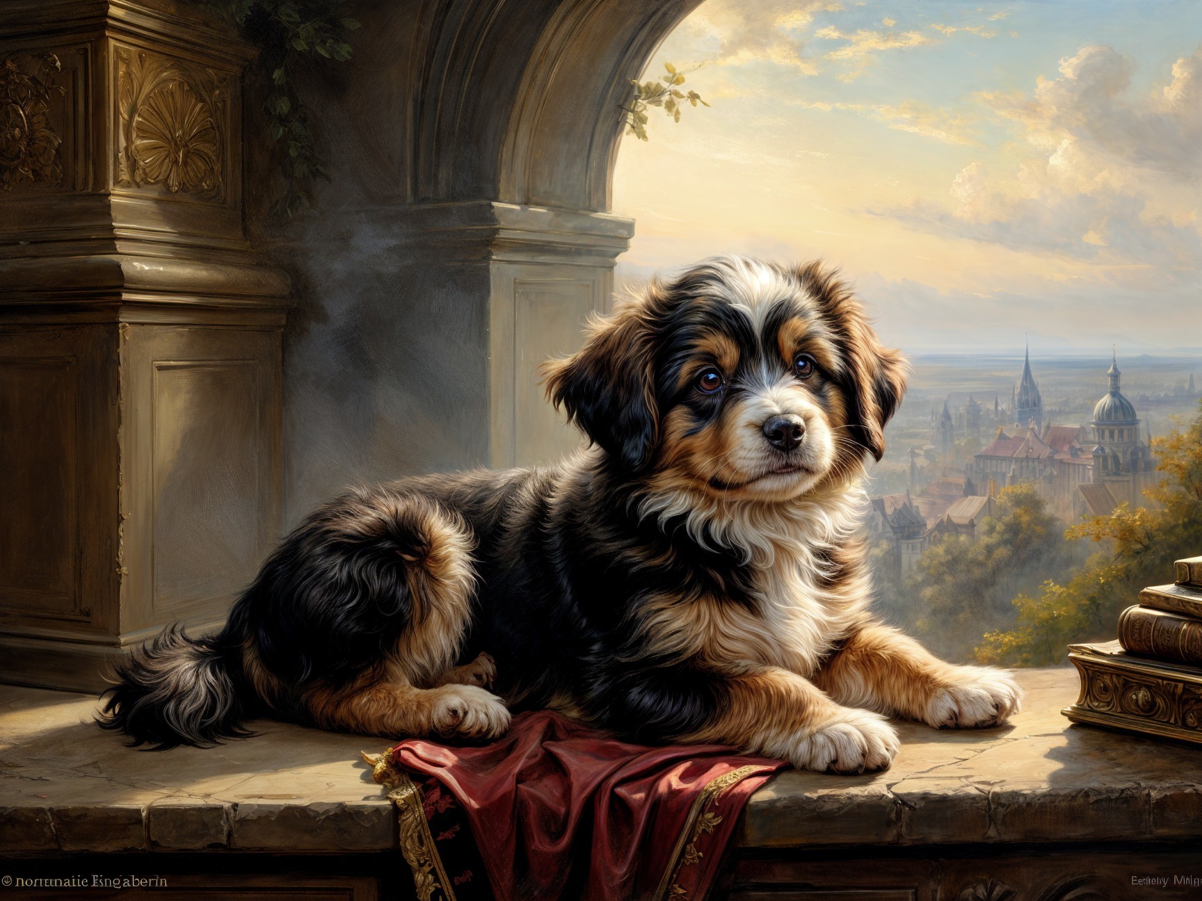 Fluffy Dog Resting on Ornate Ledge with Scenic View