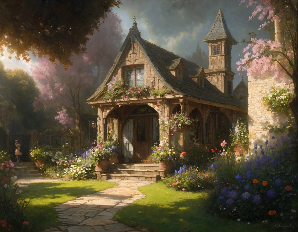 Rustic wooden cottage in lush garden under warm sunlight
