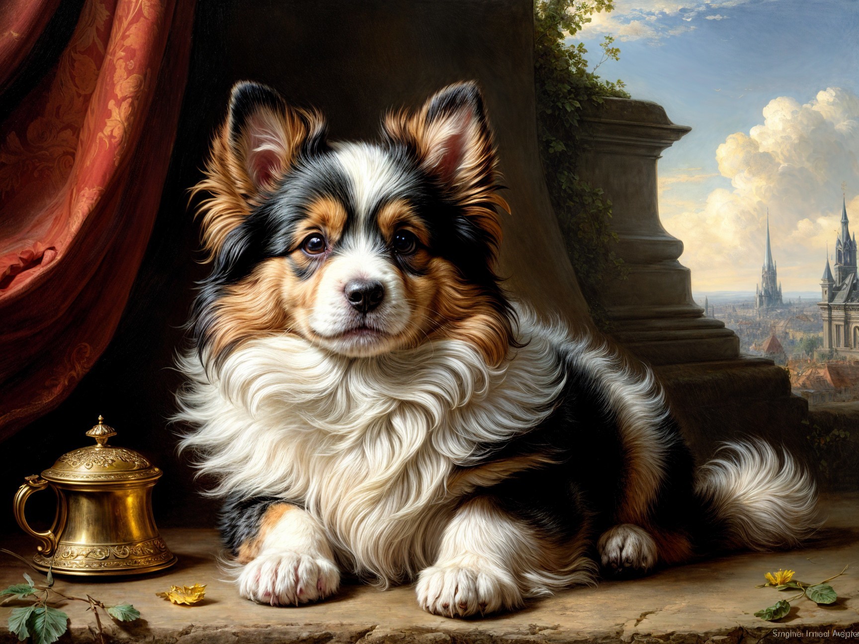 Tricolored Dog Resting on Stone Ledge in Scenic Setting