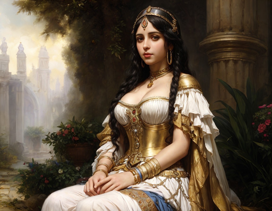 Regal woman in diadem by ancient column in lush garden