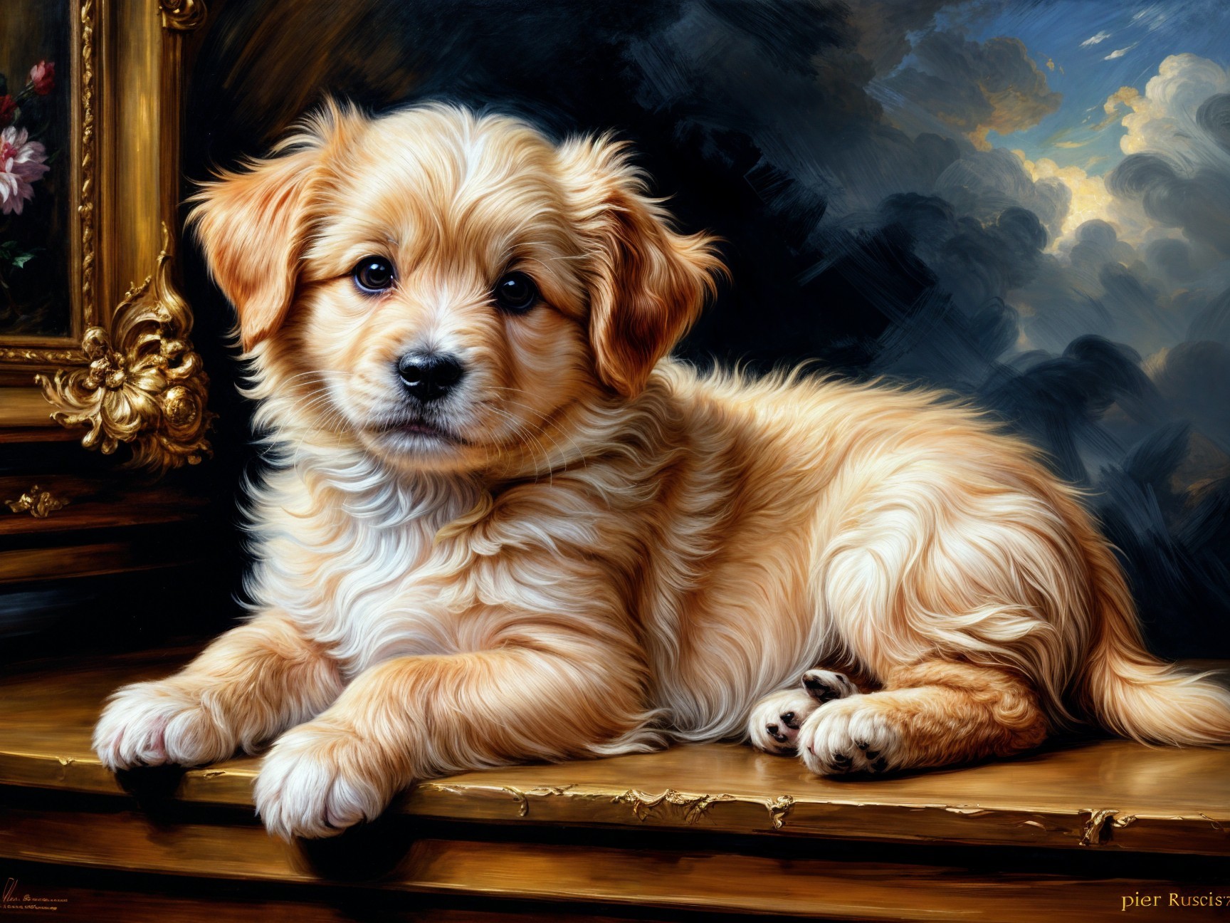 Fluffy Golden Puppy on Polished Wooden Surface