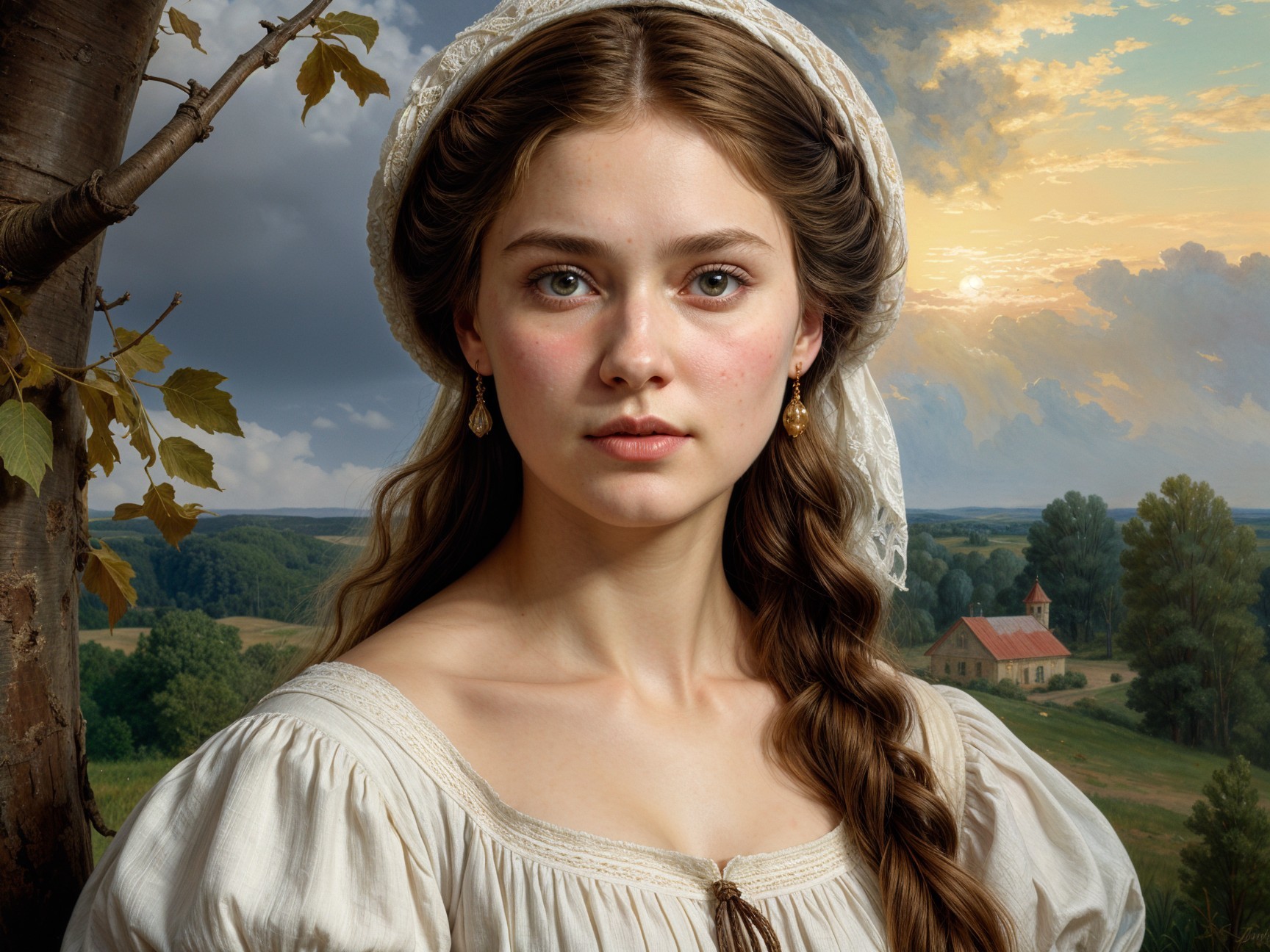 Young woman in elegant dress amid serene landscape