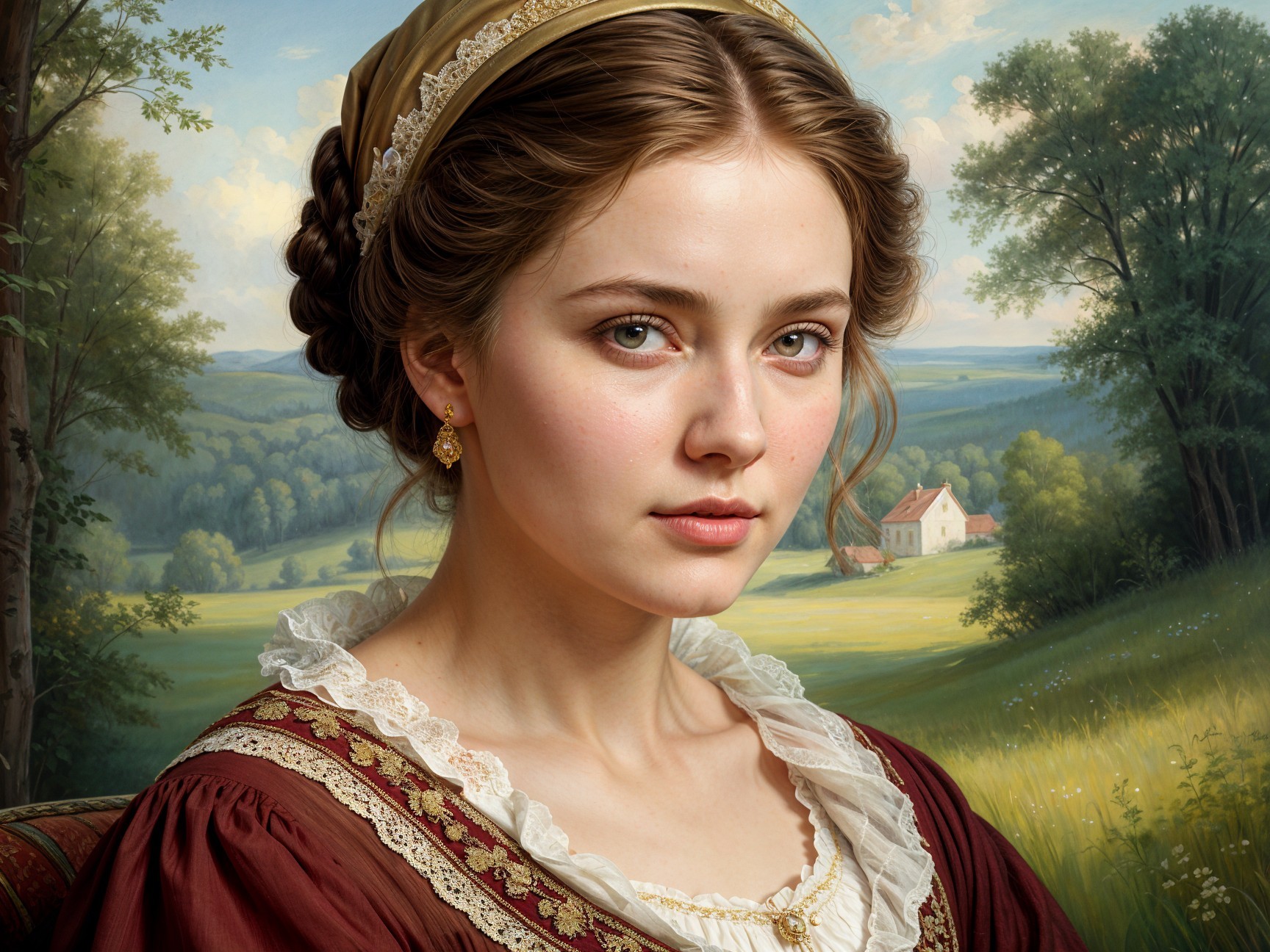 Young woman in vintage gown with serene expression