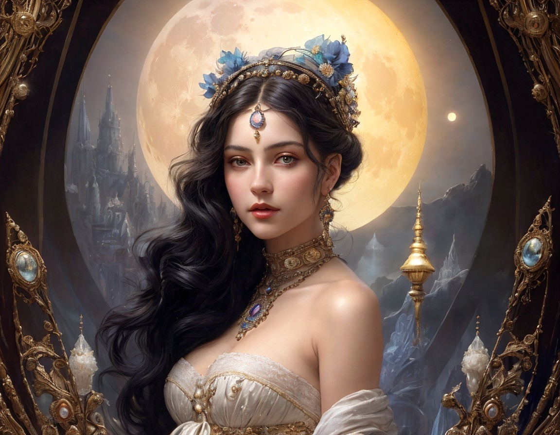 Fantasy Woman with Dark Hair and Moonlit Castle