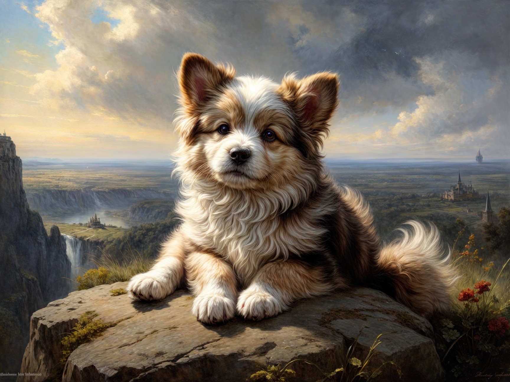 Fluffy Dog on Rocky Ledge with Scenic Landscape