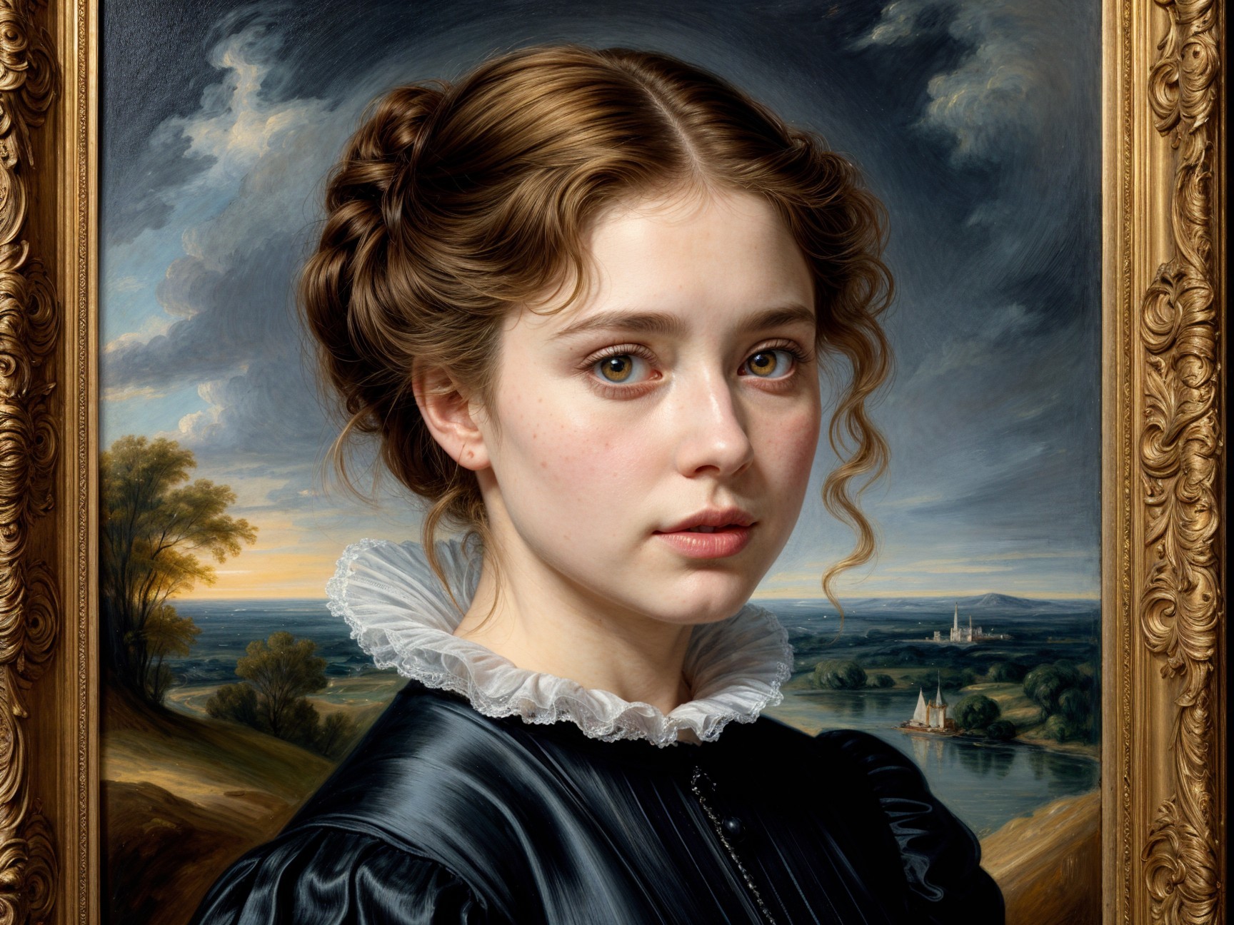 Portrait of a Young Woman in Dark Dress with Landscape