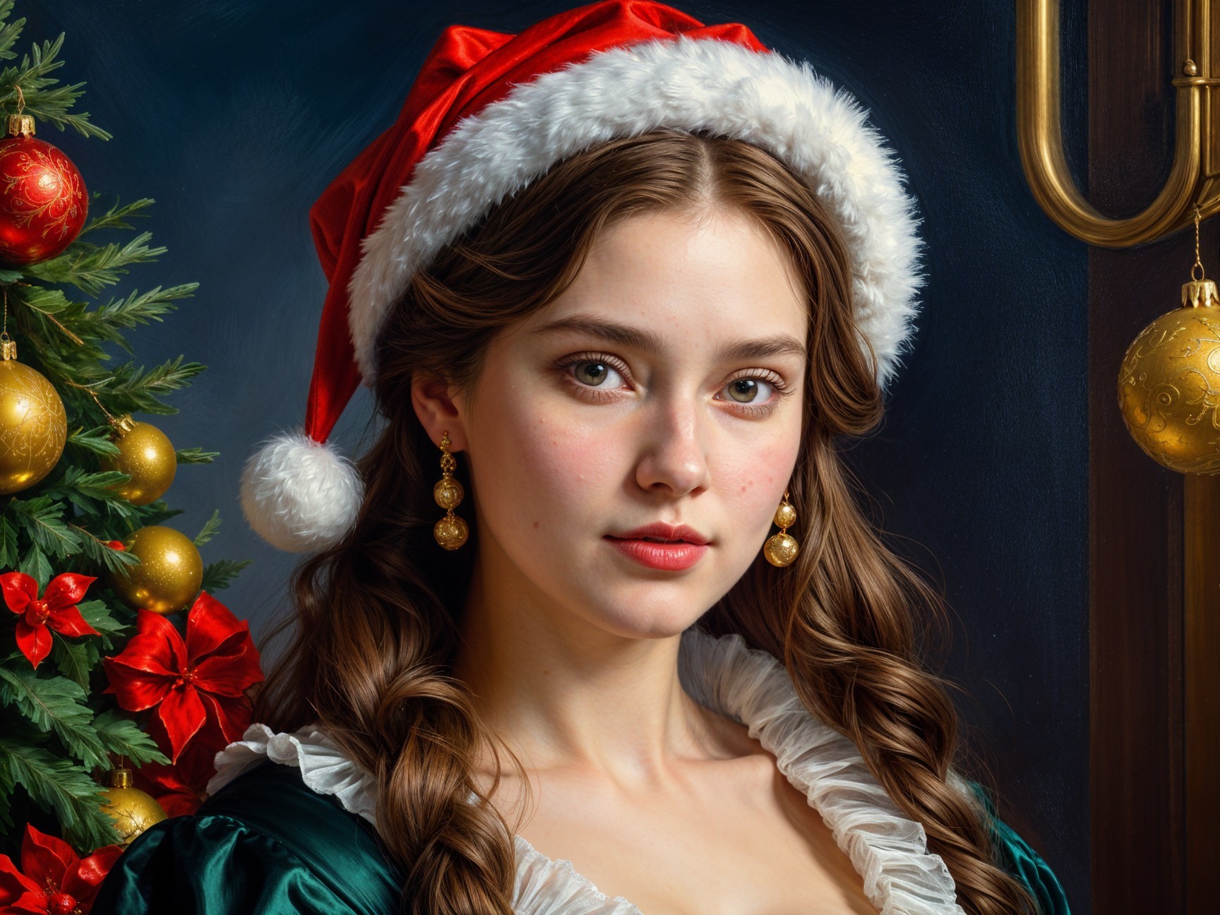 Young woman in Santa hat by decorated Christmas tree