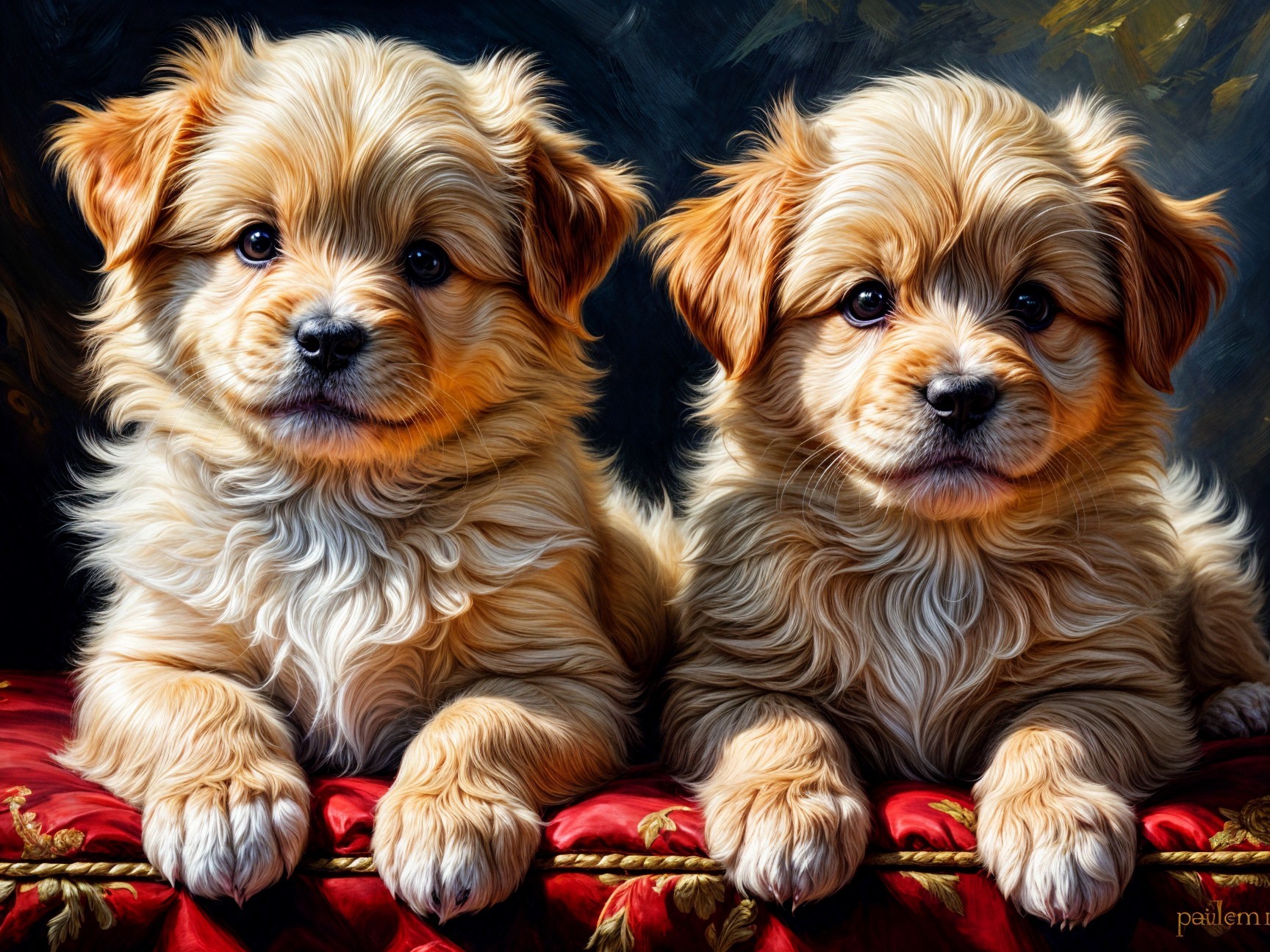 Golden Puppies on Red Velvet Surface