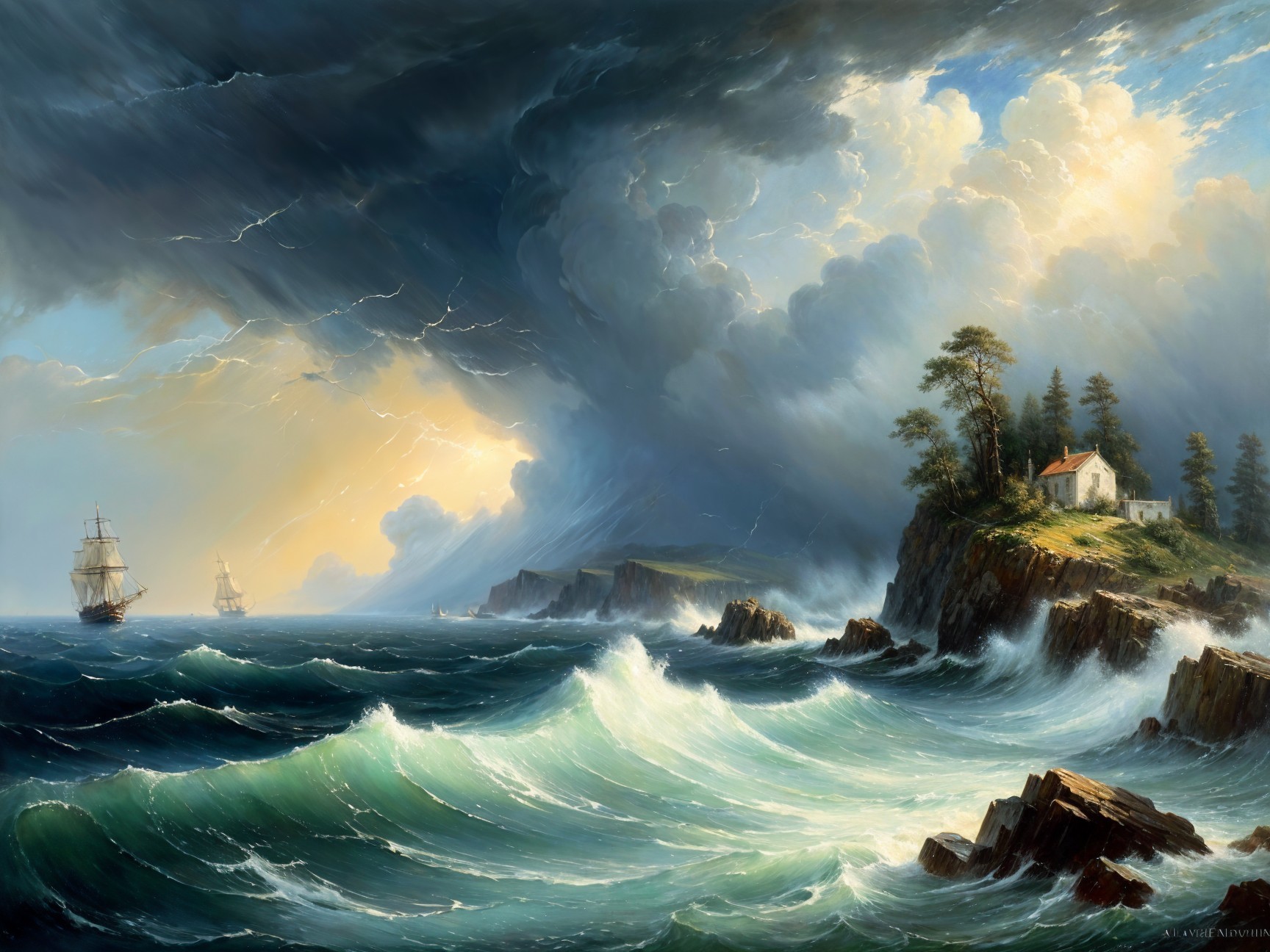 Dramatic Seascape with Waves and Sailing Ships