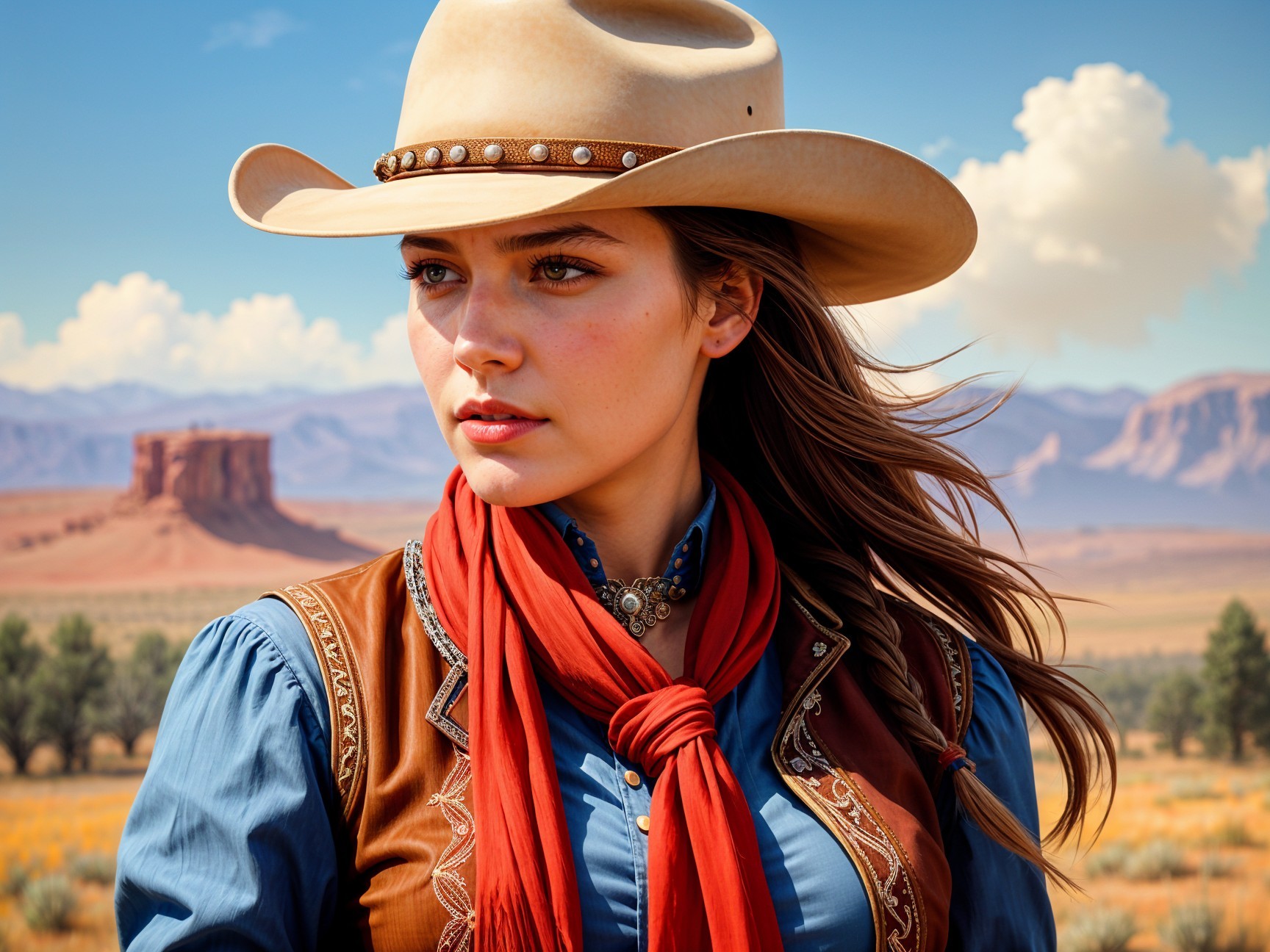 Young Woman in Stylish Western Attire in Scenic Landscape