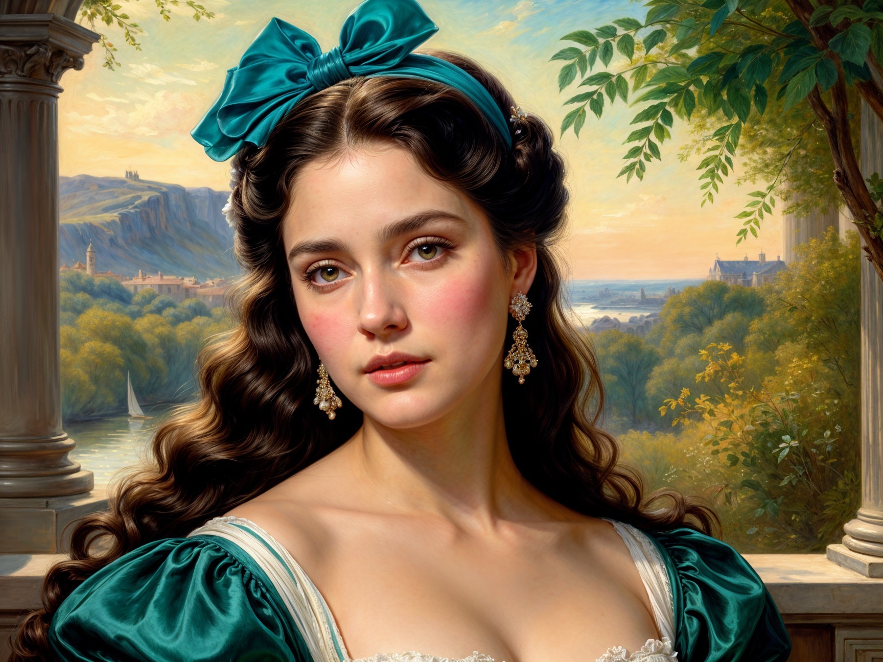 Young woman in elegant dress by tranquil waterway