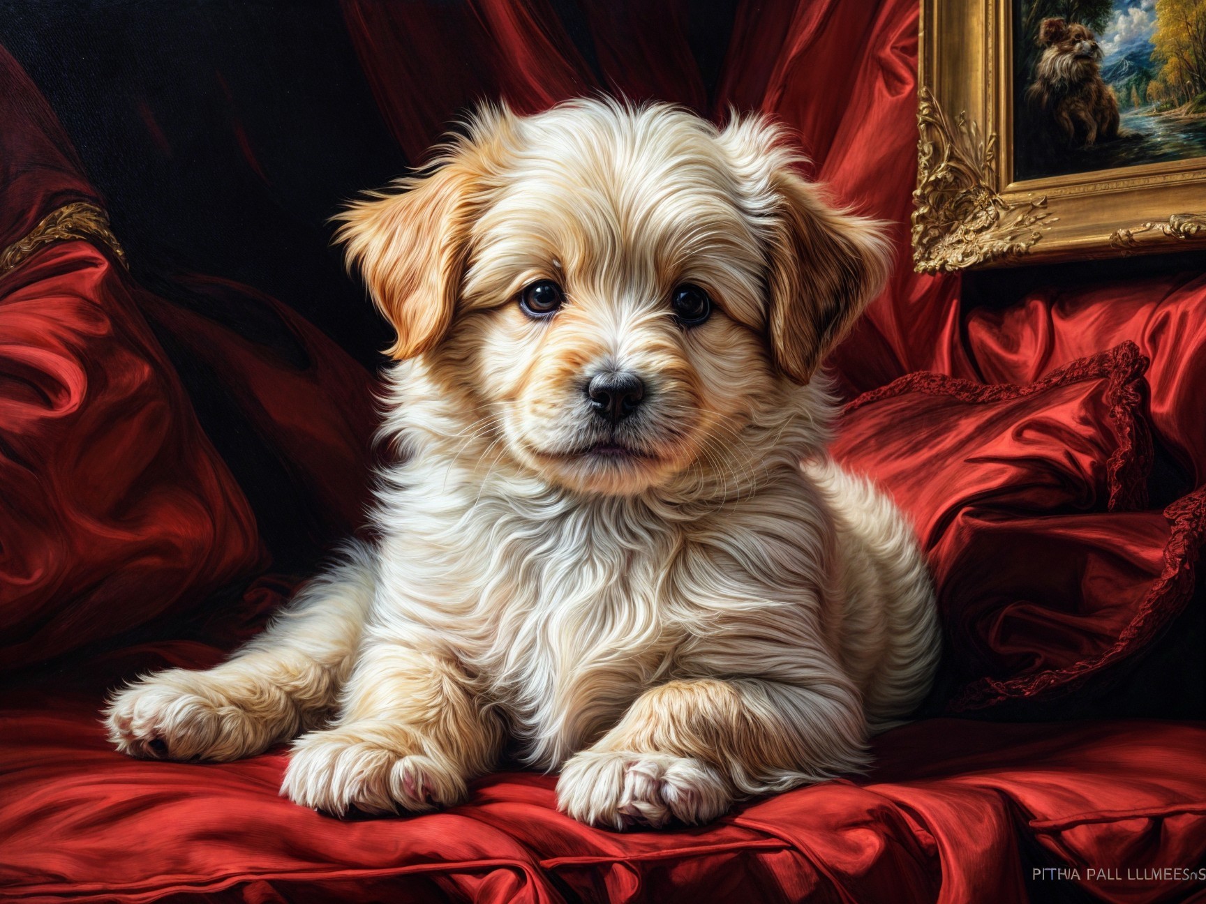 Fluffy Puppy on Red Velvet with Ornate Background