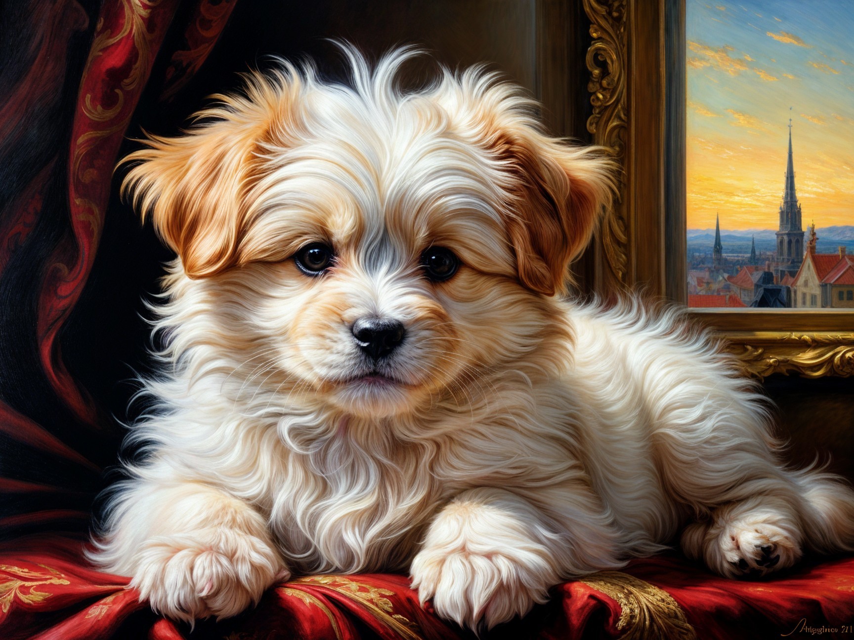Golden Puppy on Red Velvet with Sunset Backdrop