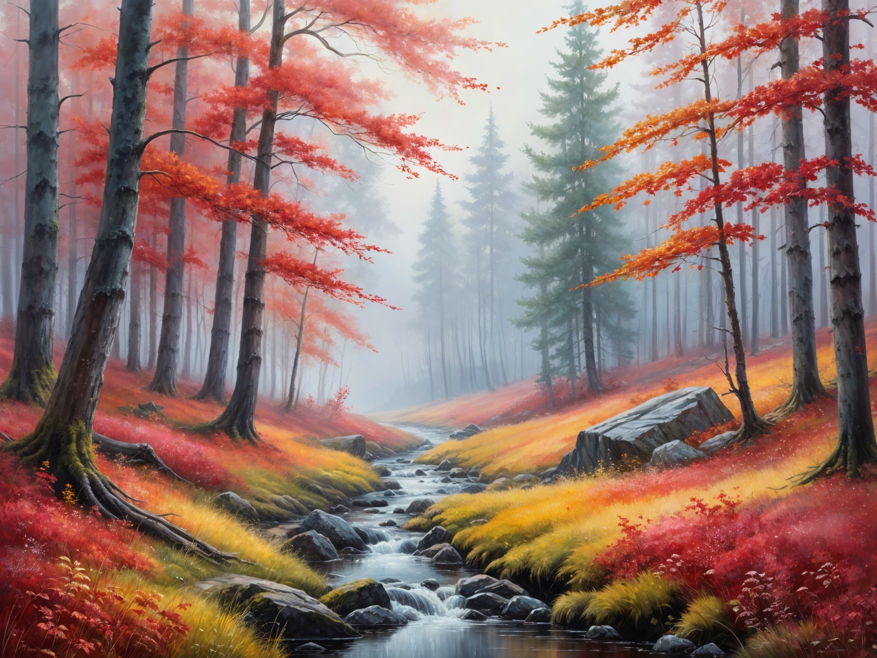 Autumn Landscape with Stream and Vibrant Forest