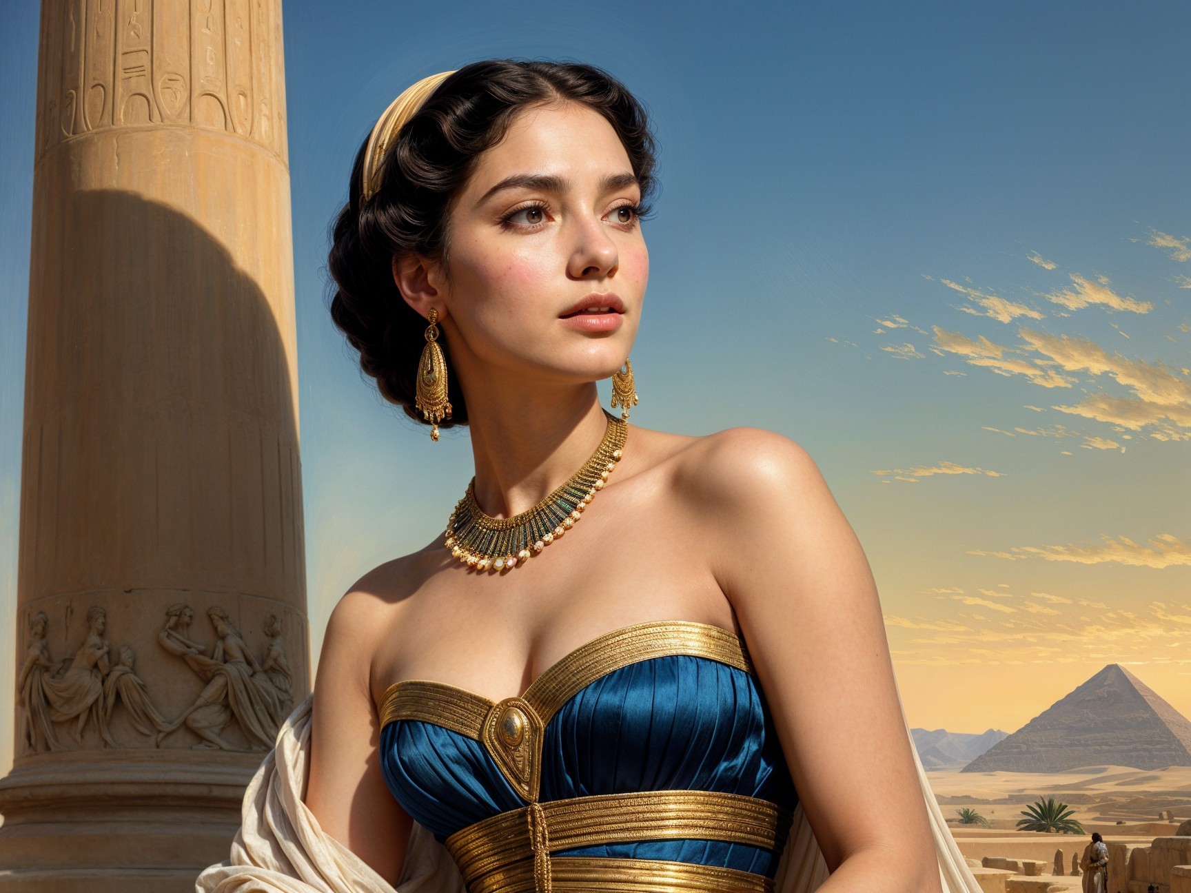 Woman in Blue Gown Against Ancient Egyptian Columns