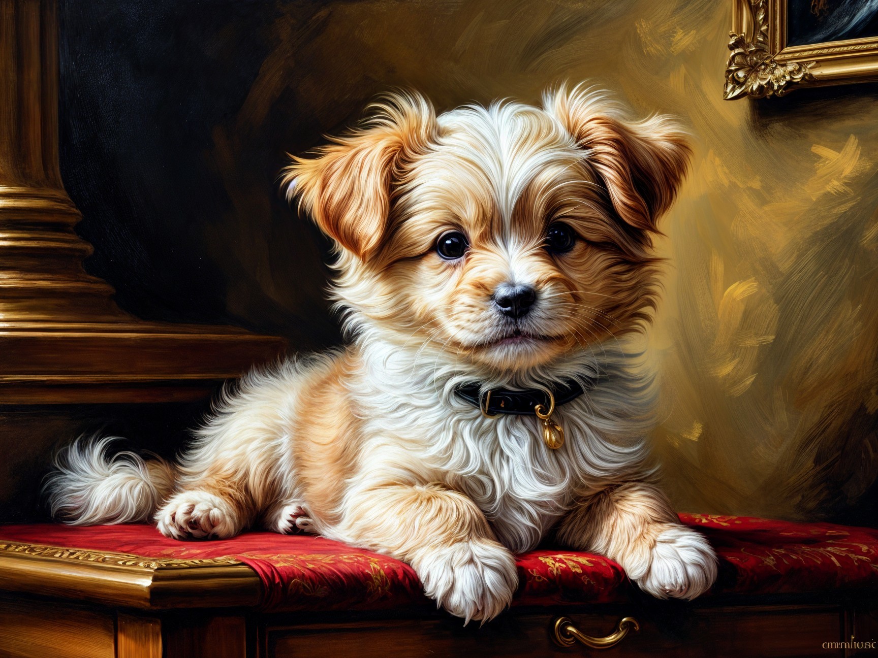 Fluffy Light-Colored Puppy on Elegant Wooden Table
