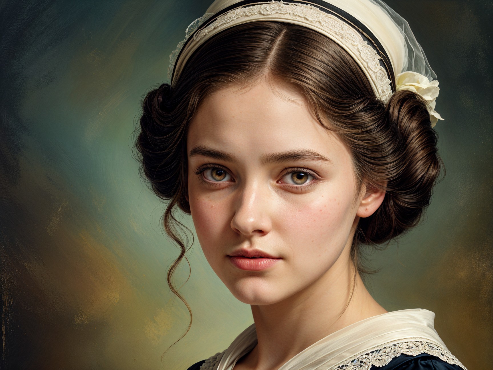 Young girl in vintage outfit with cream ribbon