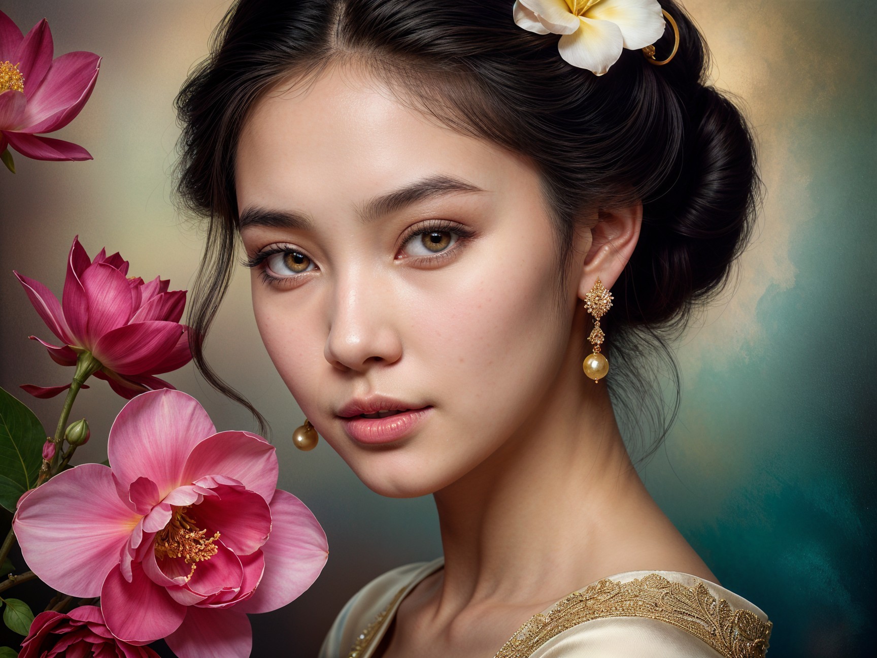 Young Woman with Floral Accents and Lotus Flowers