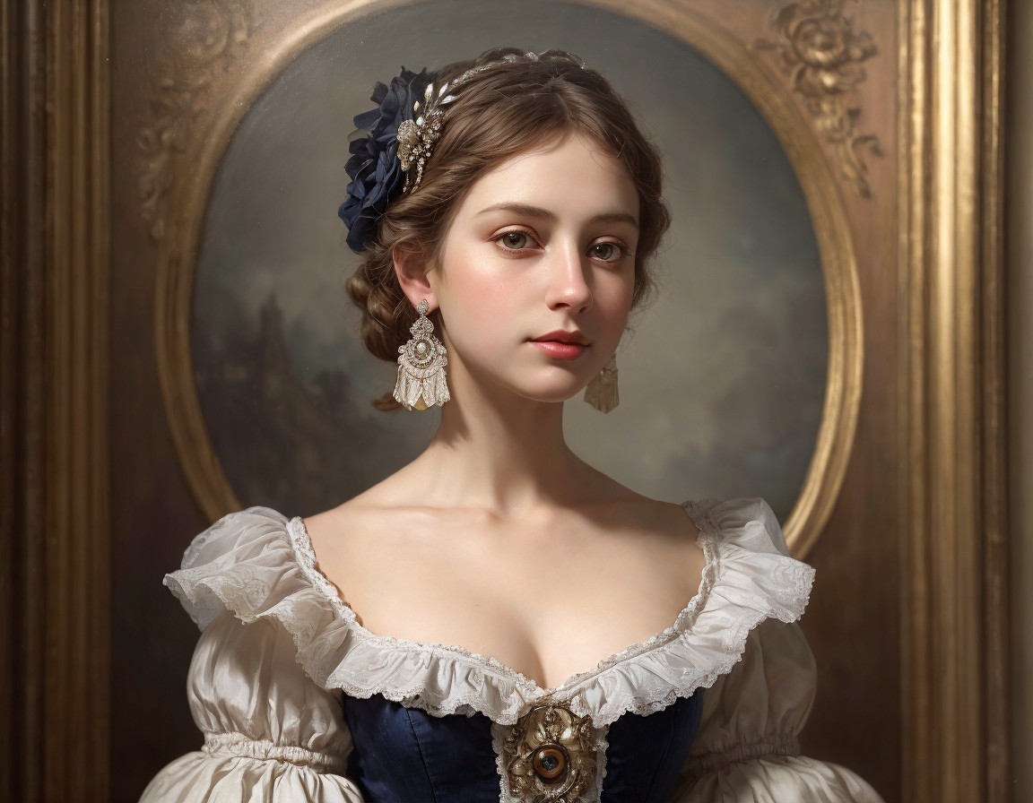Young woman in blue dress with white collar & floral hairpiece, 19th-century European style