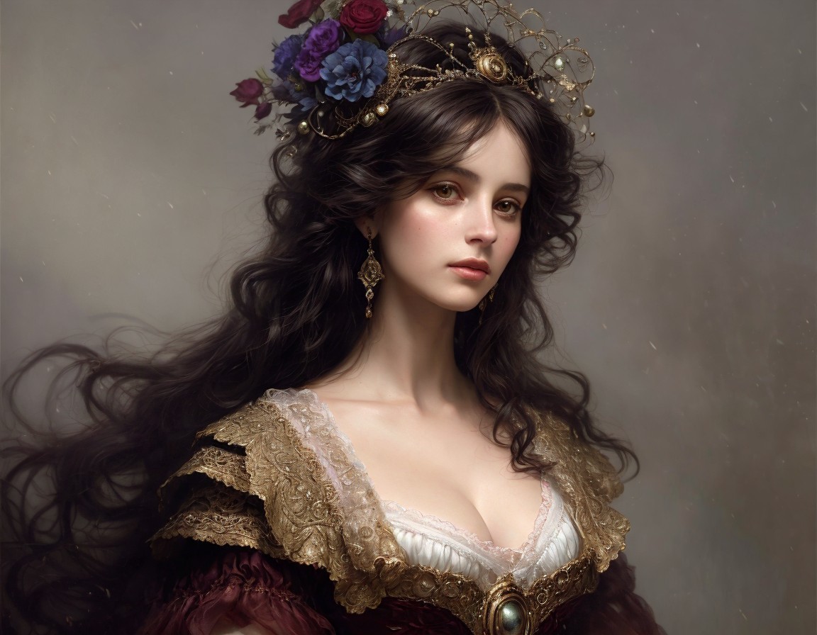 Woman in Vintage Dress with Flower Crown and Jewelry