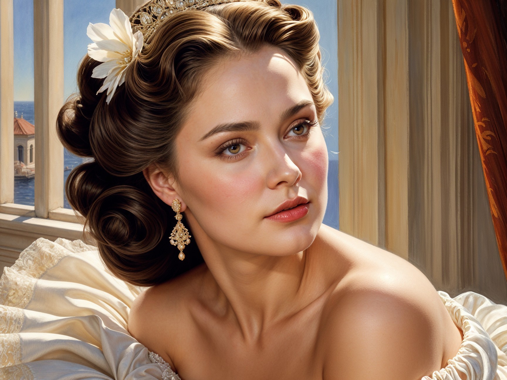 Young woman with voluminous hair and elegant gown