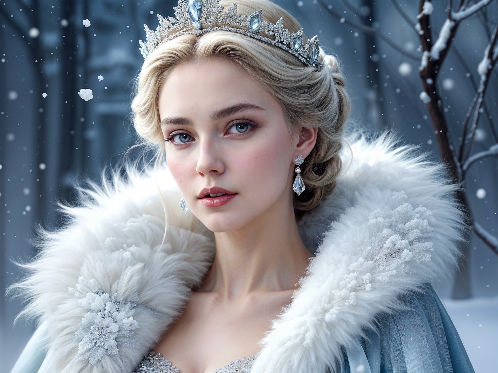 Regal Woman in Silver Crown in Snowy Landscape