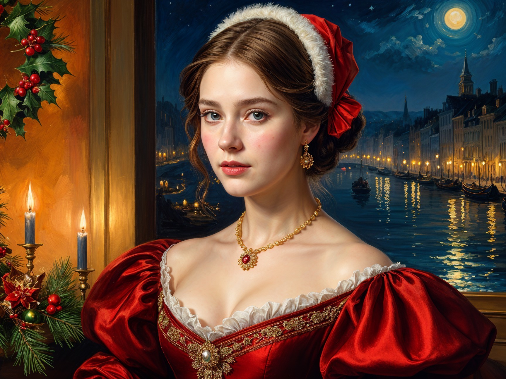 Young Woman in Red Gown by Serene River at Night