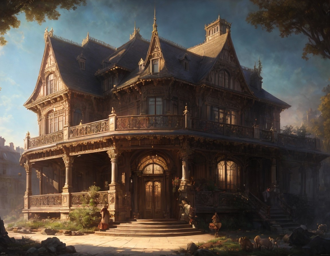 Victorian Mansion Amidst Lush Foliage and Sunlight