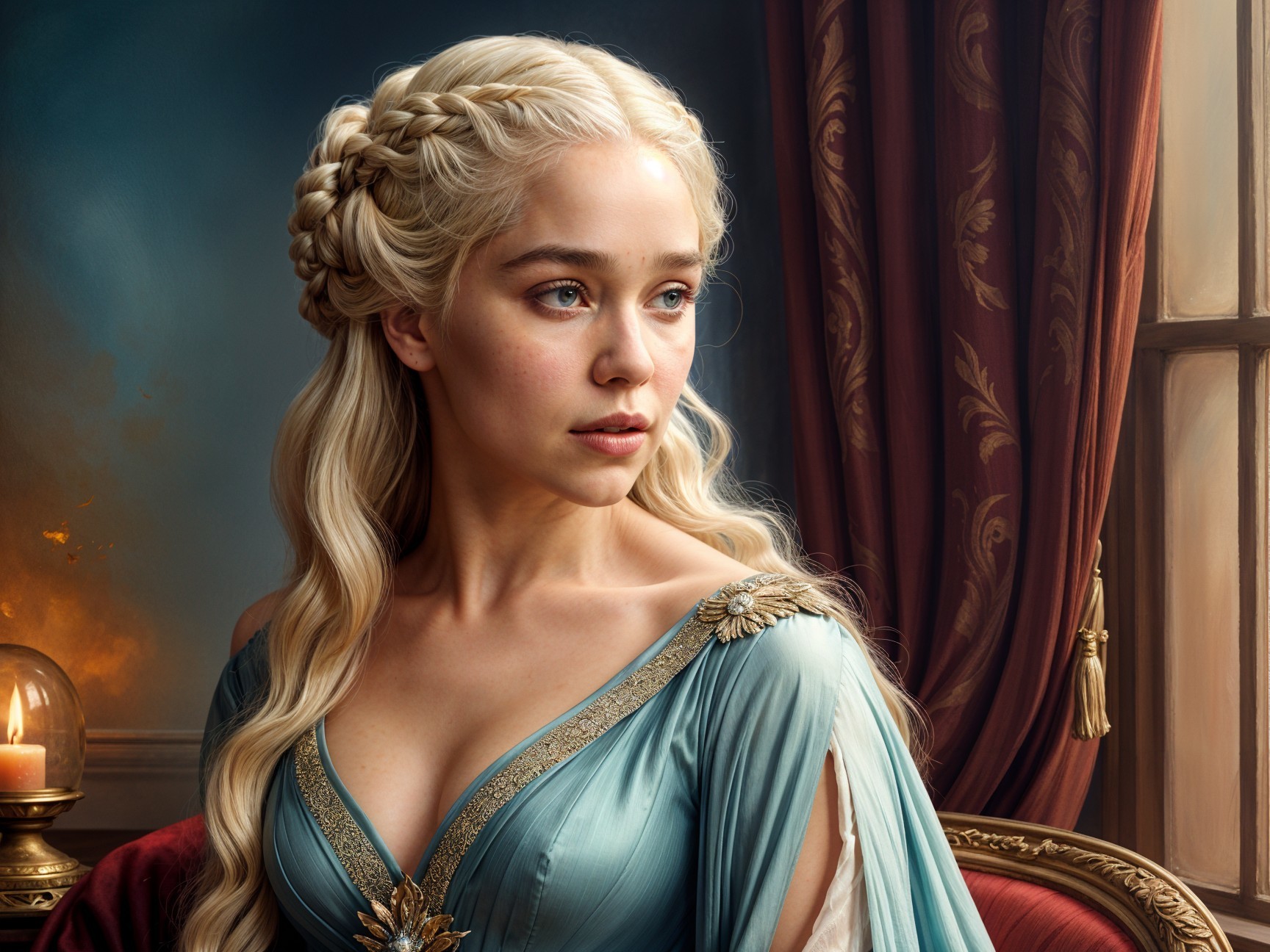 Elegant Woman in Blue Gown with Braid in Warm Setting