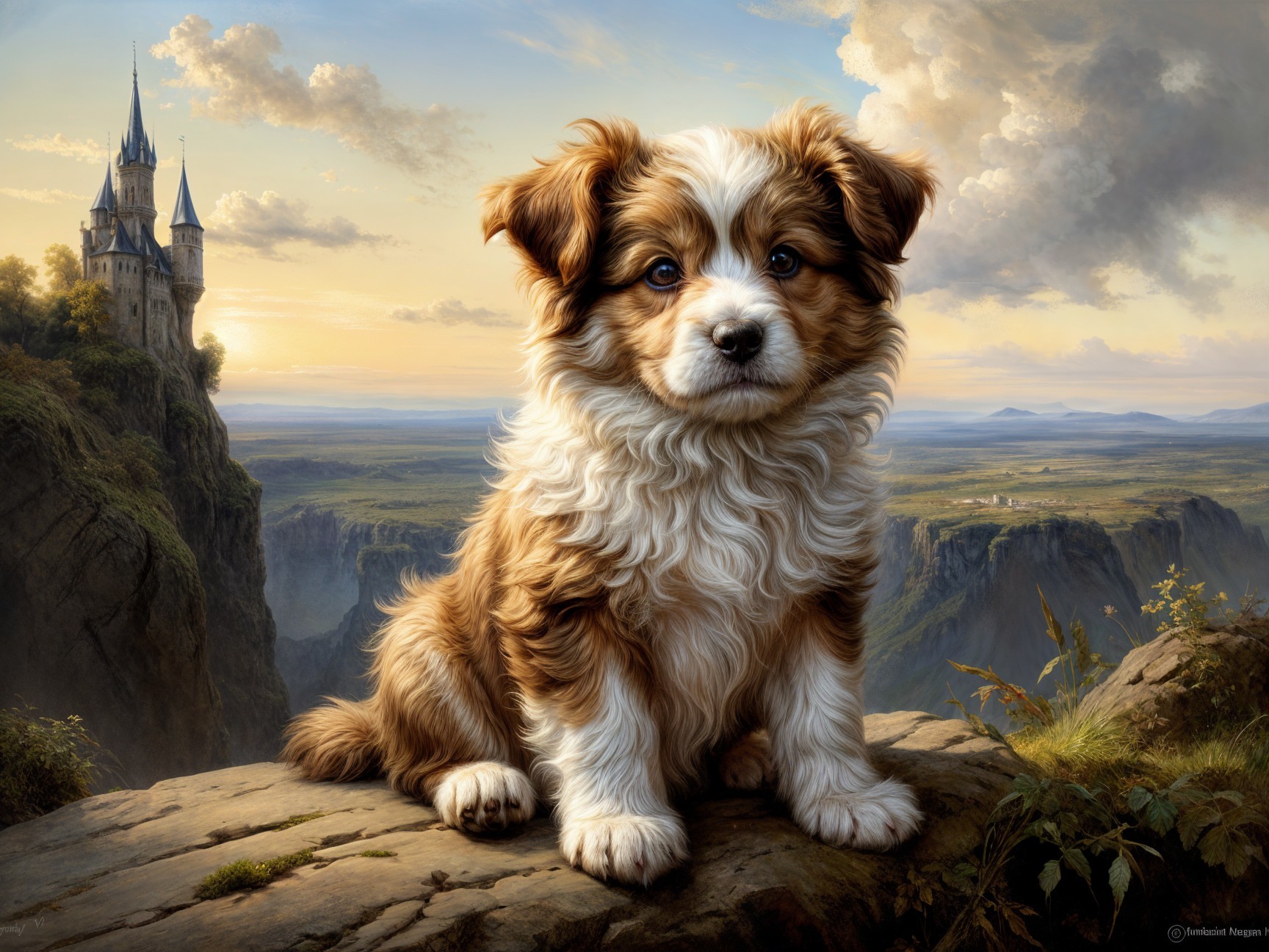 Fluffy Puppy on Rocky Ledge with Castle Background