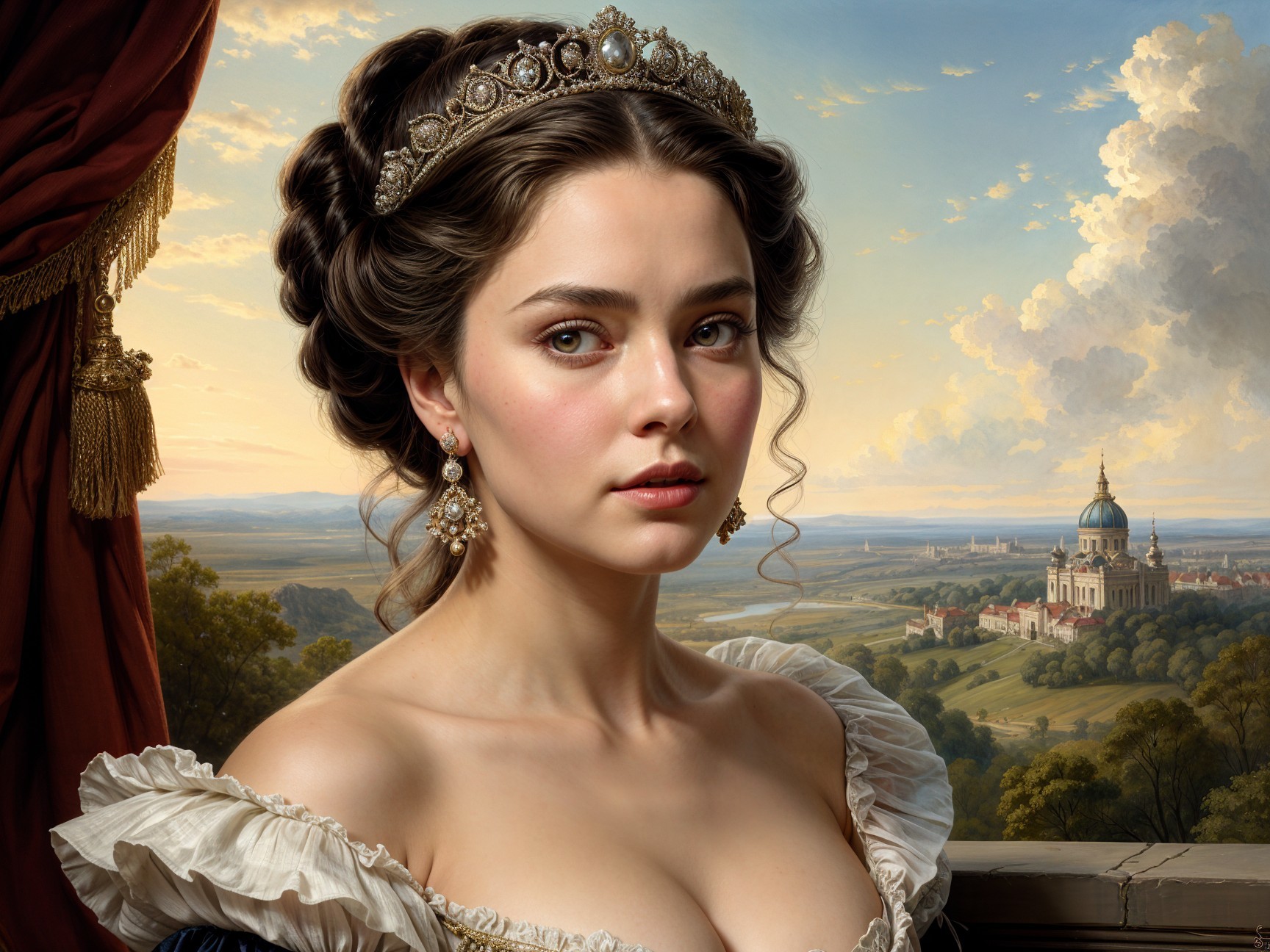 Regal young woman in gown with palace backdrop