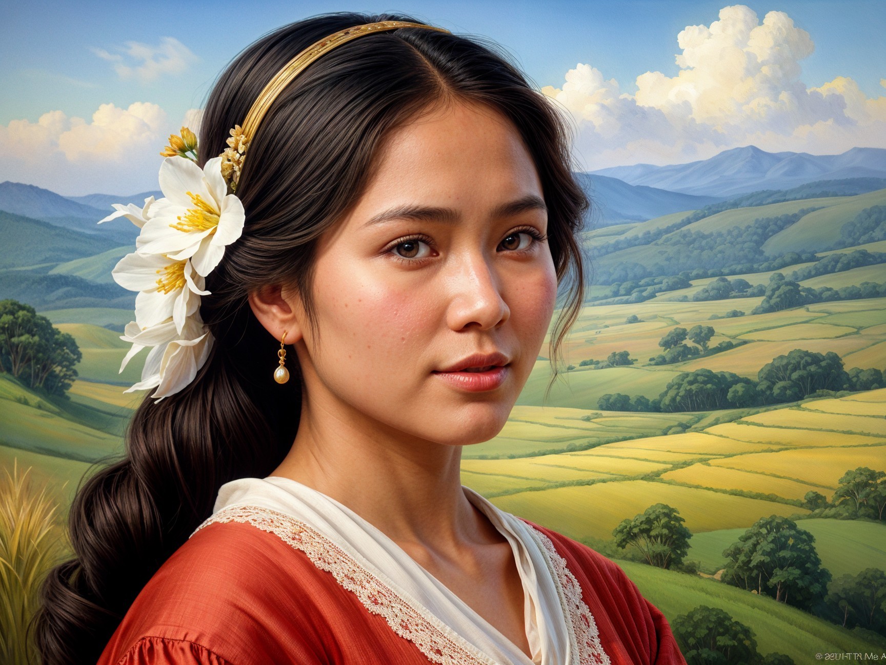 Young Woman in Floral Hairpiece in Pastoral Setting