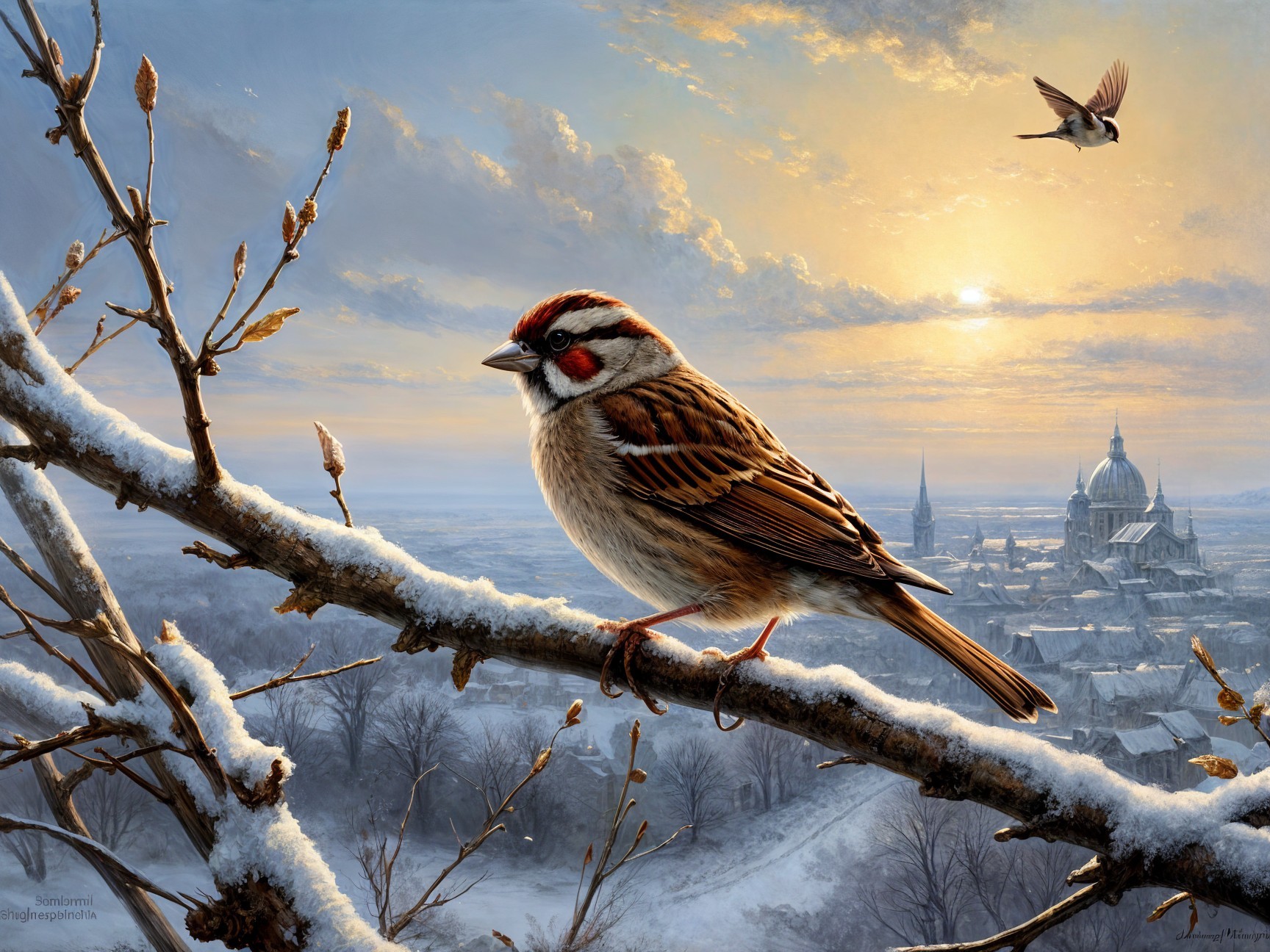 Sparrow on Snowy Branch in Winter Landscape