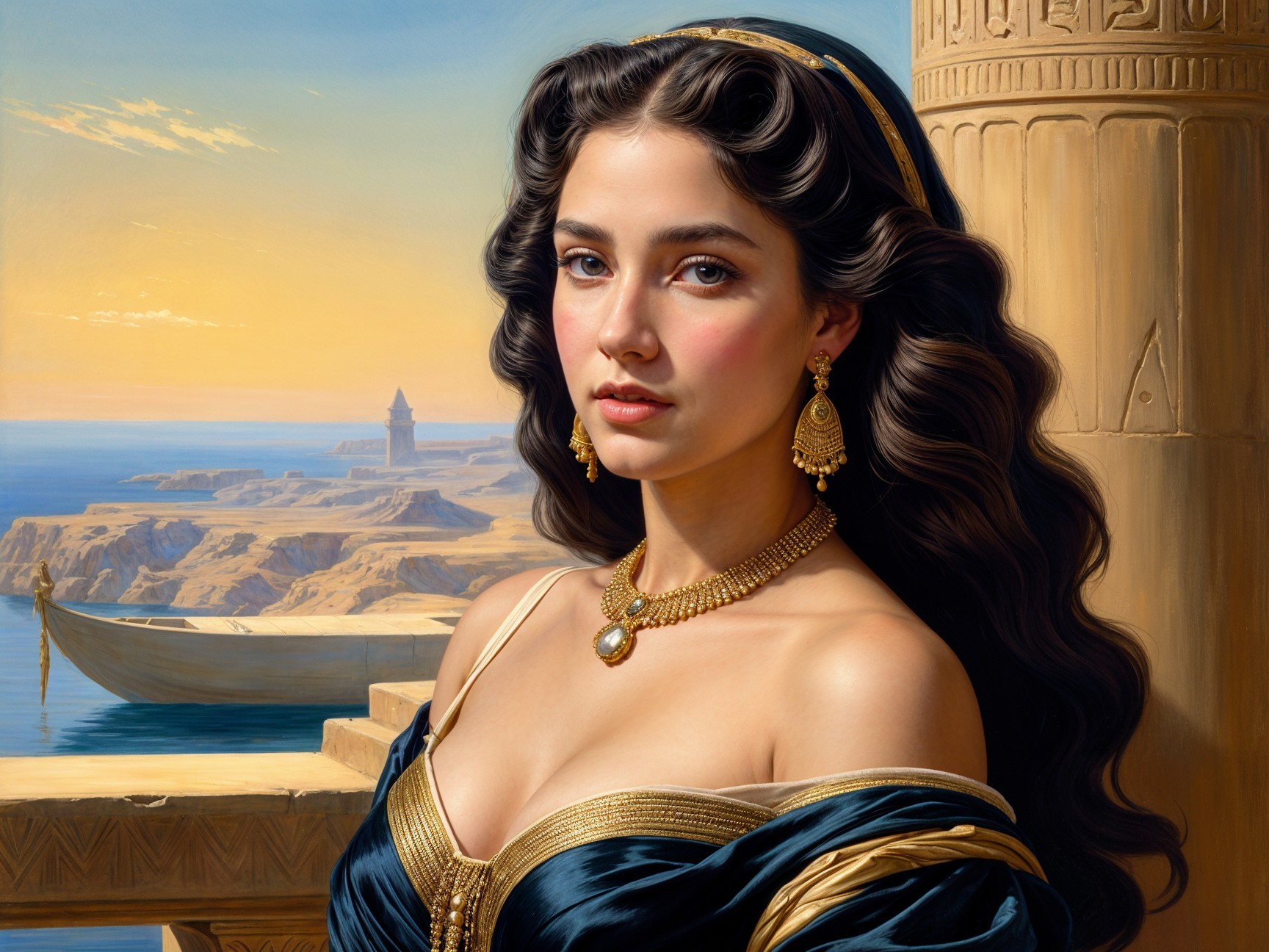 Elegant Woman in Navy Gown at Coastal Landscape