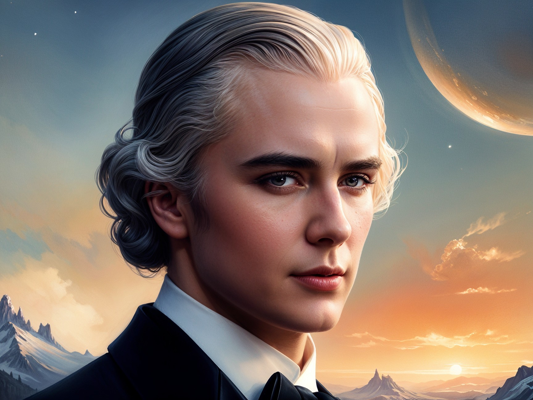 Young man in tuxedo against cosmic landscape backdrop