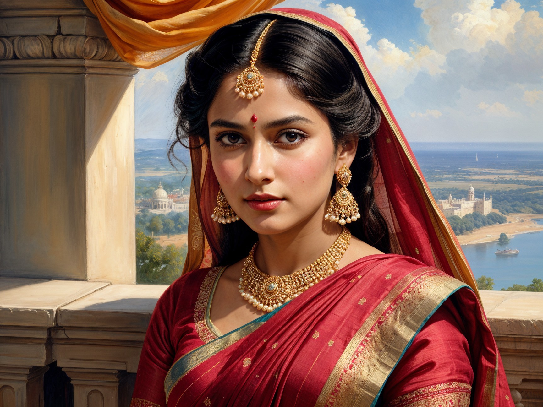 Young Woman in Traditional Red Saree with Scenic Background