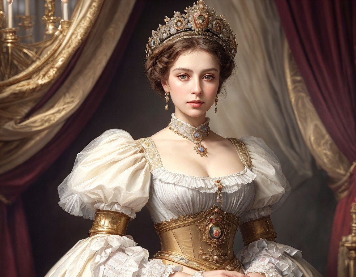 Elaborate historical dress and crown on regal woman amid luxurious backdrop