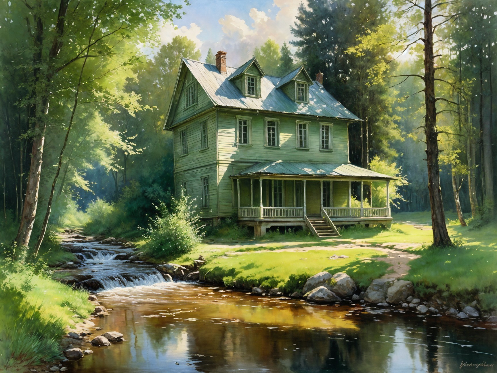 Charming Green House by a Flowing Stream in Nature