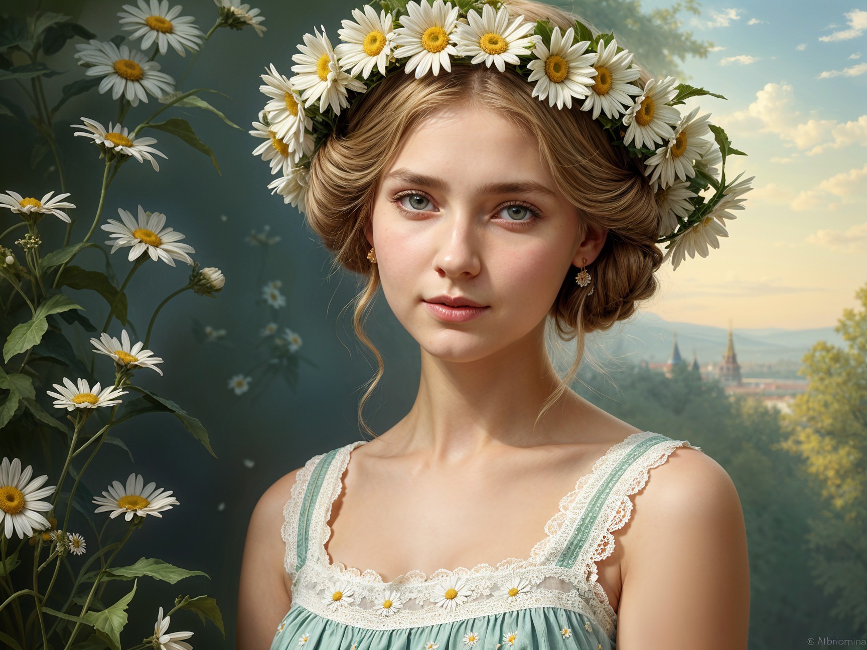 Young woman in pastel dress with daisy crown and greenery