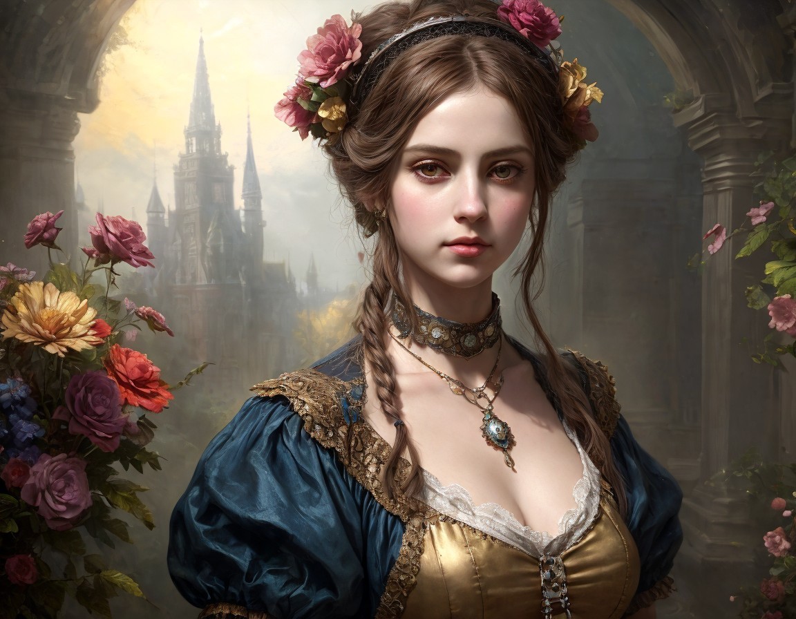 Portrait of a woman in historical gown with flowers and castle