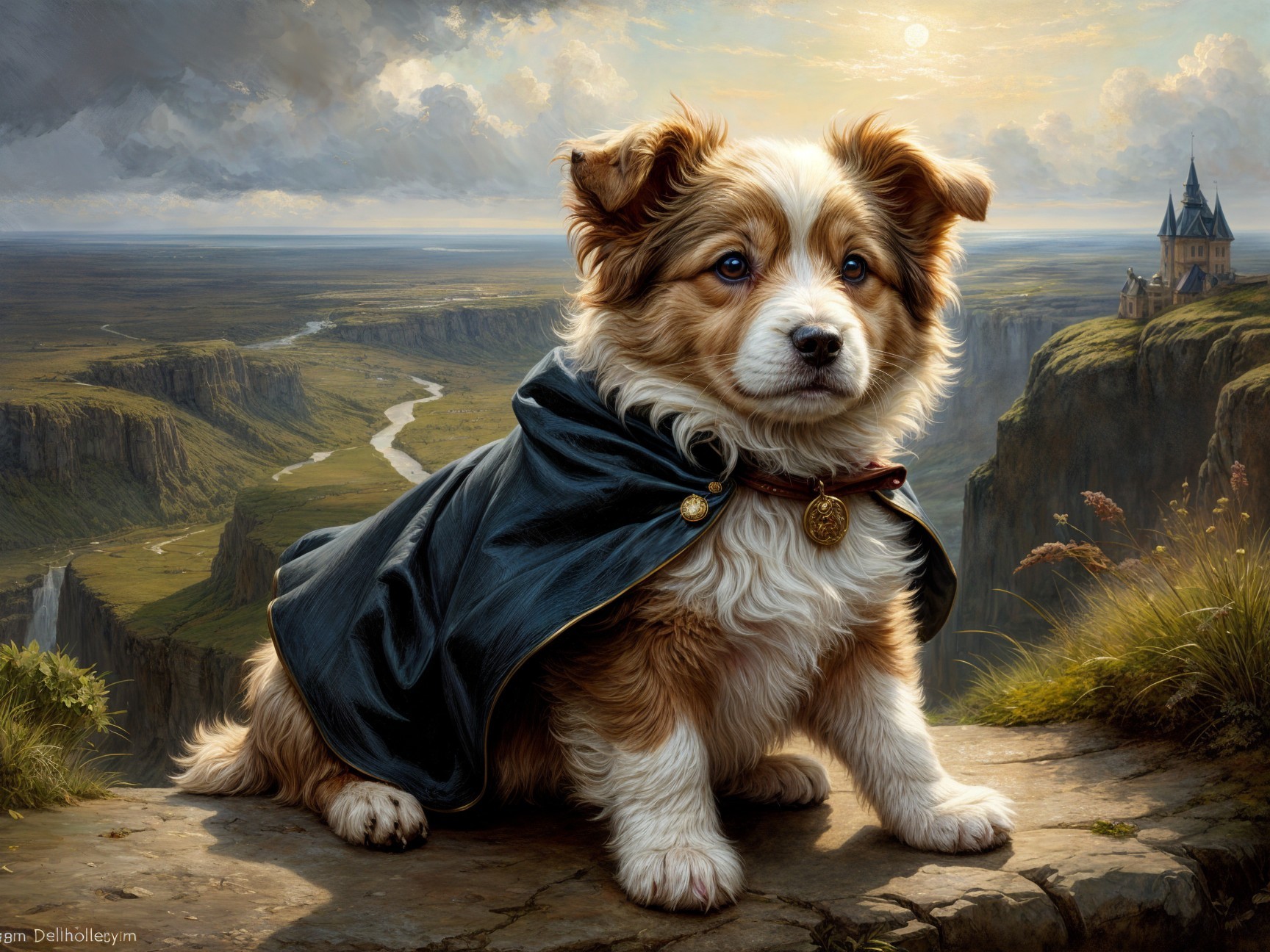 Corgi Puppy in Cape on Rocky Ledge with Scenic Background