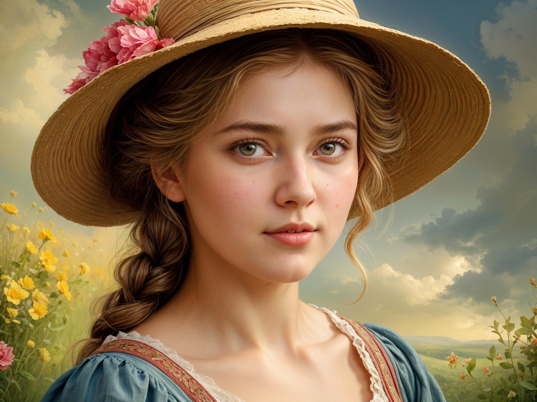 Young Woman in Floral Meadow with Vintage Dress