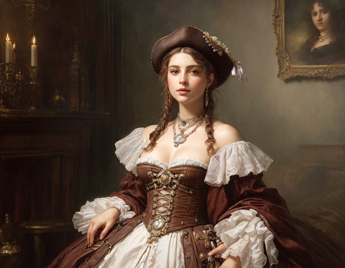 Elaborate historical attire: Woman in corseted gown and tricorn hat
